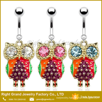 Customzied Fashion Clear Pink Aqua Rhinestone Owl Dangle Belly Ring Jewelry